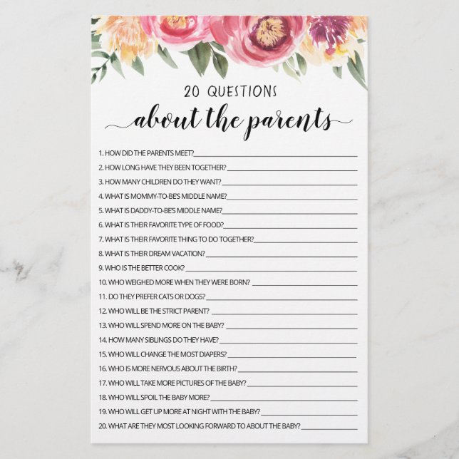 20 Questions about the Parents Editable game (Front)