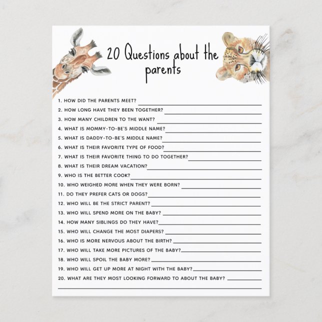 20 Questions about the Parents - wild baby shower (Front)