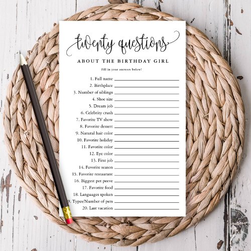 20 Questions BlackWhite Paper Party Game Card