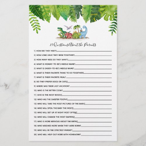 20 Questions Dinosaur Baby Shower Game