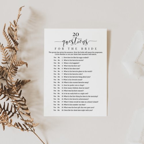 20 Questions for the Bride Bridal Shower Game  Invitation