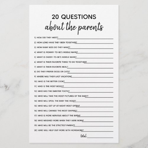 20 Questions Minimalist Baby Shower Game