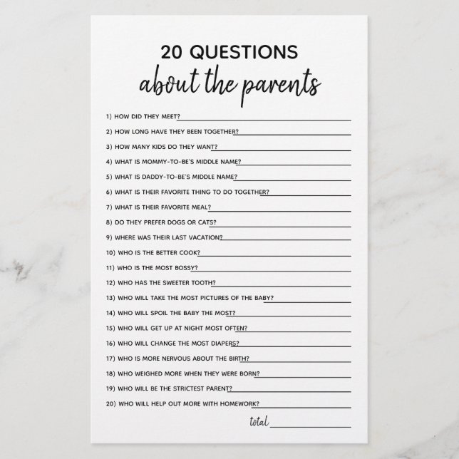 20 Questions Minimalist Baby Shower Game (Front)