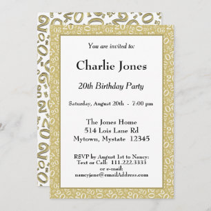 20 - Random Number Pattern Gold/White 20th Event Invitation