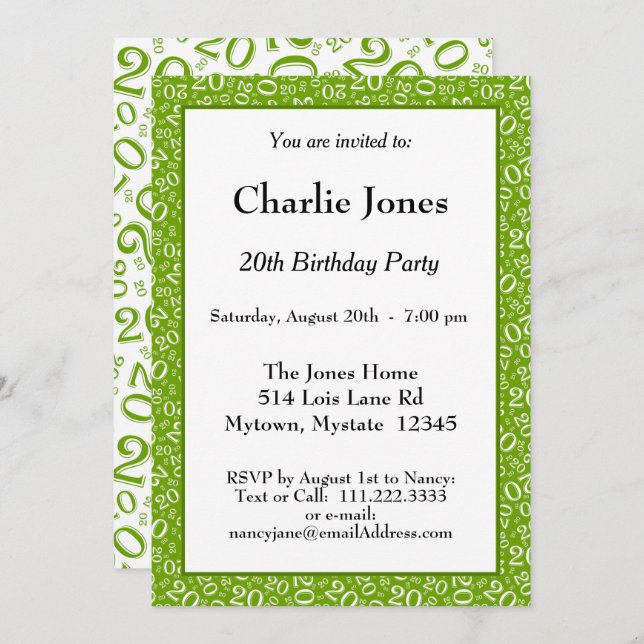 20 - Random Number Pattern Green/White 20th Event Invitation (Front/Back)