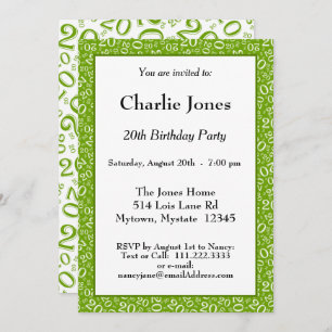 20 - Random Number Pattern Green/White 20th Event Invitation