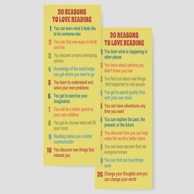 20 Reasons to Love Reading Books  Bookmarks (Front & Back)
