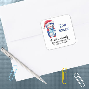 20 Return Address Blue Red Penguin Happy Holidays Square Sticker