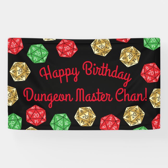 20 Sided Dice DND Game Birthday Green Red Gold Banner (Horizontal)