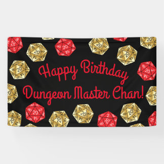 20 Sided Dice DND Game Birthday Party Red Gold Banner