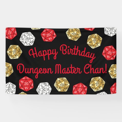20 Sided Dice DND Game Birthday White Red Gold Banner