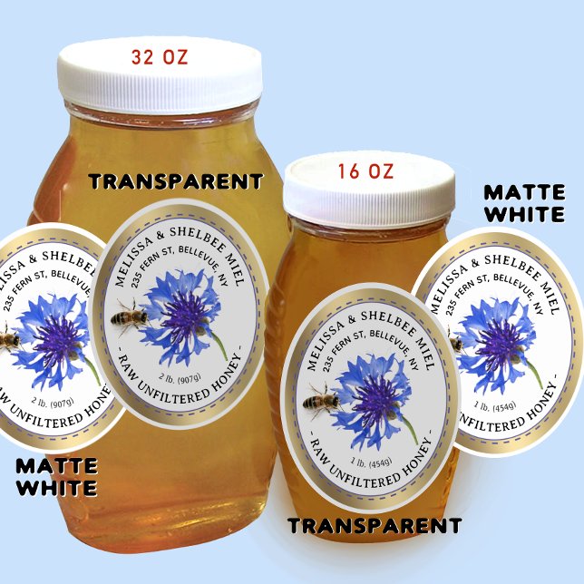 20 Small Jar Oval Blue Flower Honey Label and Bee  (Creator Uploaded)