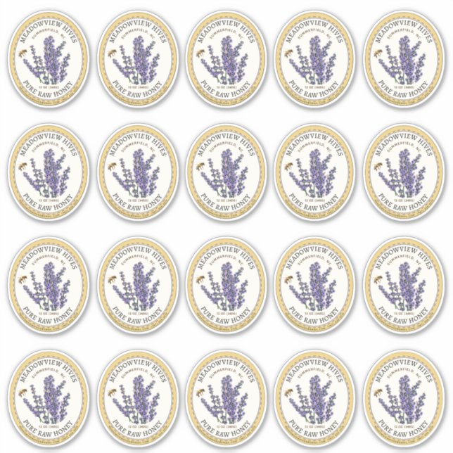 20 Small Jar Oval Lavender Honey Label with Bee (Front)