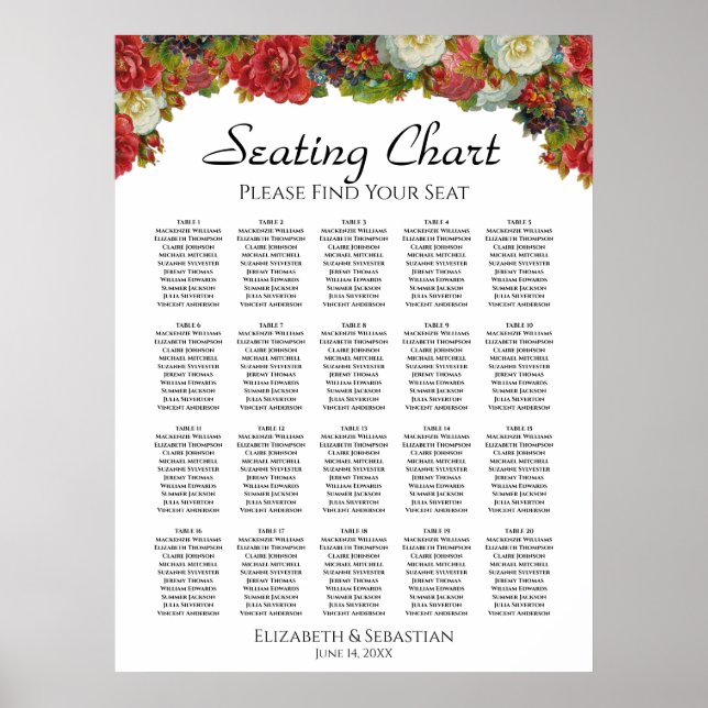 20 Table Autumn Floral Wedding Seating Chart (Front)