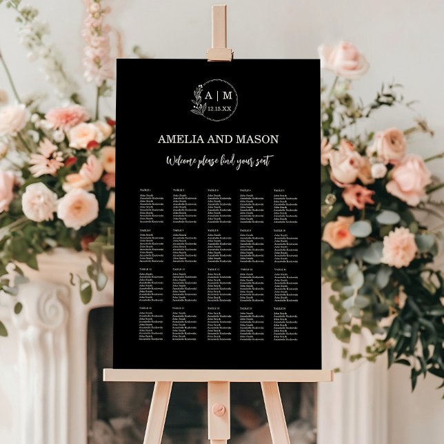  20 Table Black Monogram Wedding Seating Chart Foam Board (Reversable Black and White Monogram Wedding Seating Chart 20 Tables Foam Board )