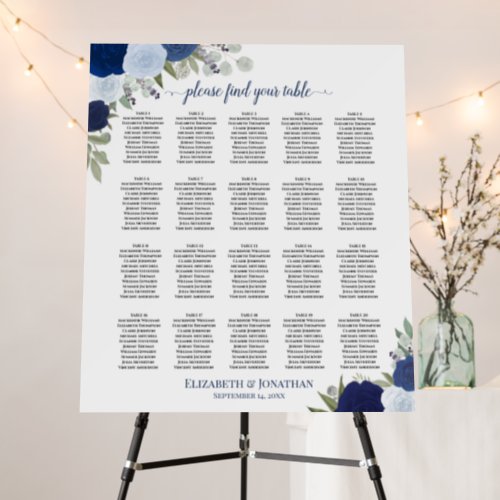 20 Table Blue Boho Roses Wedding Seating Chart Foam Board