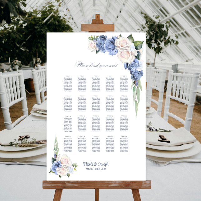 20 Table Blue White Rose Floral Seating Chart (Creator Uploaded)