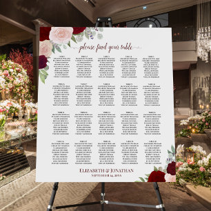 20 Table Burgundy Pink Roses Wedding Seating Chart Foam Board