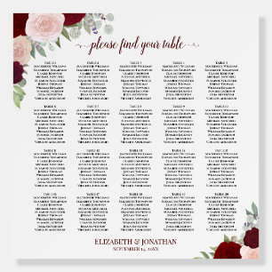20 Table Burgundy Pink Roses Wedding Seating Chart Foam Board