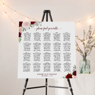 20 Table Burgundy Pink Roses Wedding Seating Chart Foam Board