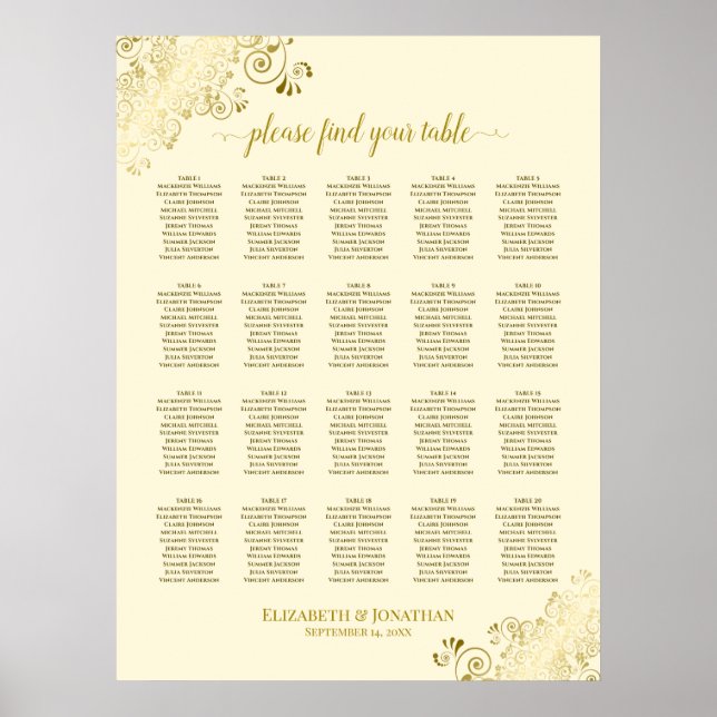 20 Table Cream & Gold Frills Wedding Seating Chart (Front)
