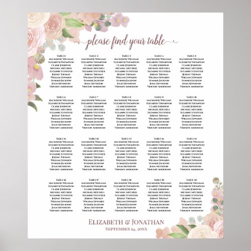 20 Table Dusty Pink Floral Wedding Seating Chart