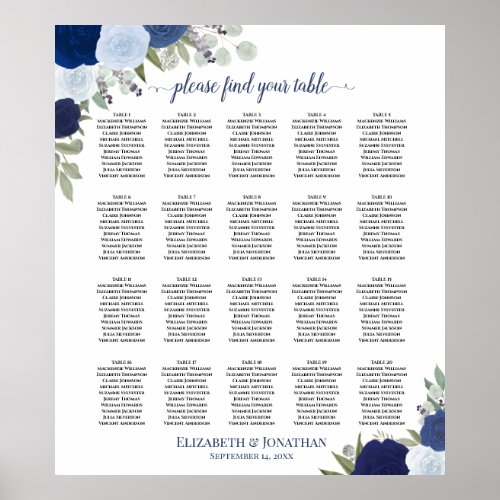 20 Table Elegant Blue Floral Wedding Seating Chart