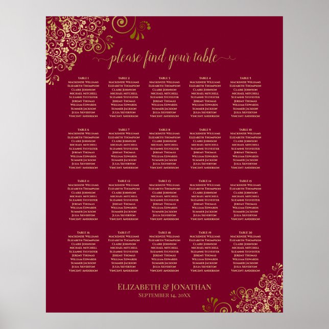 20 Table Elegant Burgundy & Gold Seating Chart (Front)