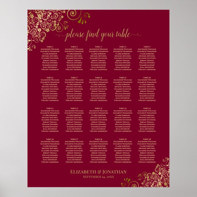 20 Table Elegant Burgundy & Gold Seating Chart (Front)