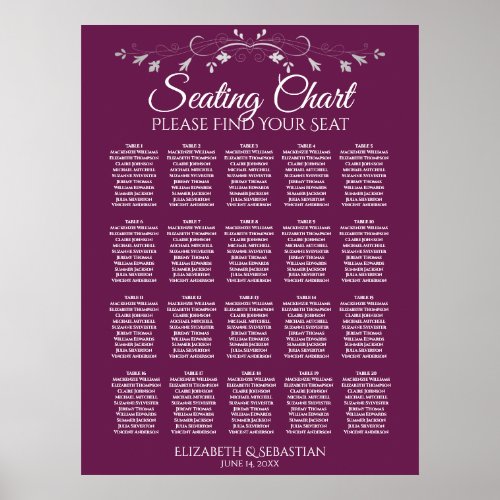 20 Table Elegant Cassis Wedding Seating Chart