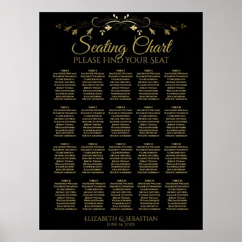 20 Table Elegant Gold Black Wedding Seating Chart