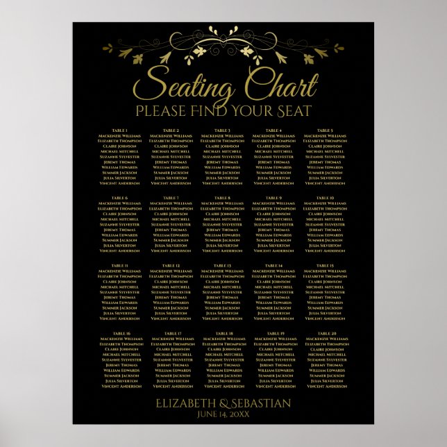 20 Table Elegant Gold Black Wedding Seating Chart (Front)