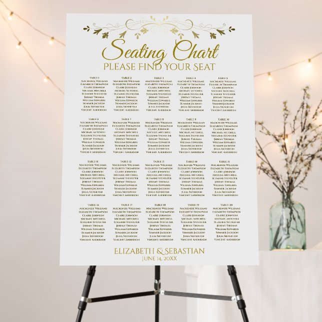 20 Table Elegant Gold & White Seating Chart Foam Board (In Situ (Stand))