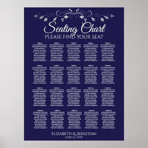20 Table Elegant Navy Blue Wedding Seating Chart