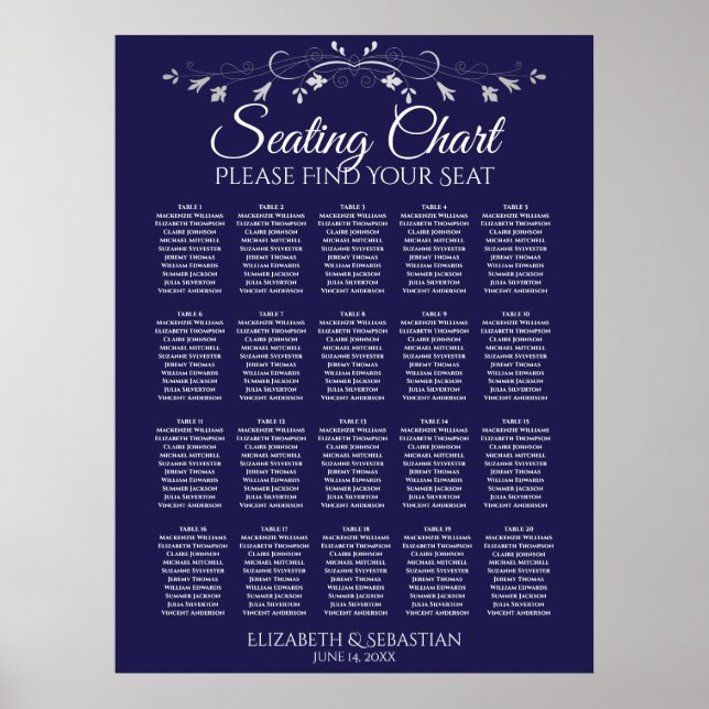 20 Table Elegant Navy Blue Wedding Seating Chart (Front)