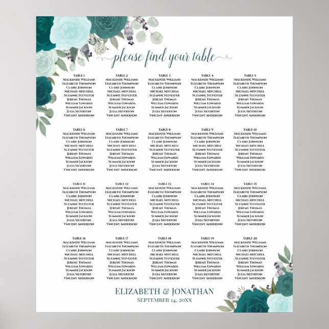 20 Table Elegant Teal Floral Wedding Seating Chart (Front)