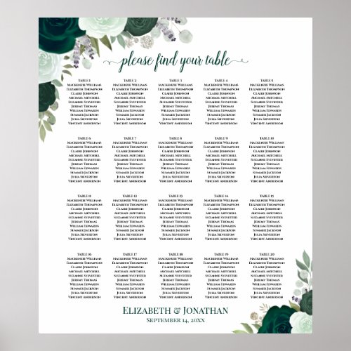 20 Table Emerald Boho Floral Wedding Seating Chart