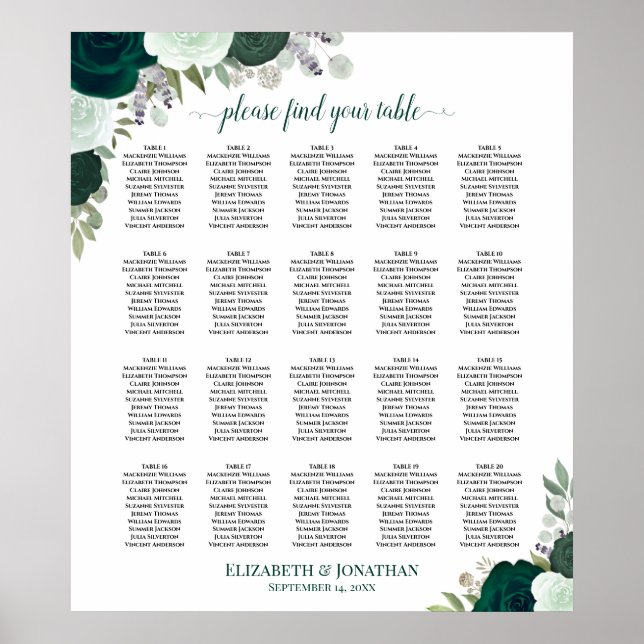 20 Table Emerald Boho Floral Wedding Seating Chart (Front)
