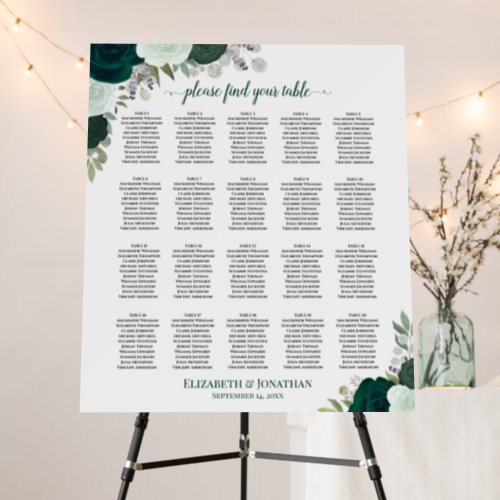 20 Table Emerald Boho Roses Wedding Seating Chart Foam Board