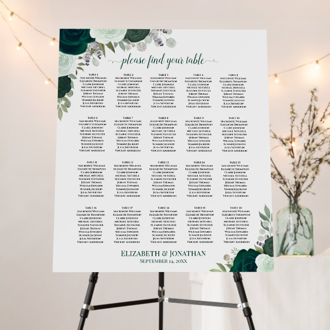 20 Table Emerald Boho Roses Wedding Seating Chart Foam Board (In Situ (Stand))