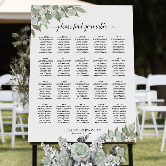 20 Table Eucalyptus Greenery Wedding Seating Chart Foam Board (In Situ on Stand with Flowers)