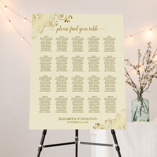 20 Table Fancy Gold & Cream Wedding Seating Chart Foam Board (In Situ (Stand))
