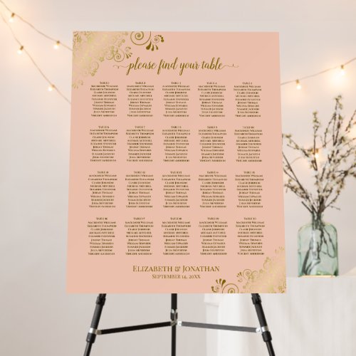 20 Table Fancy Peach & Gold Wedding Seating Chart Foam Board