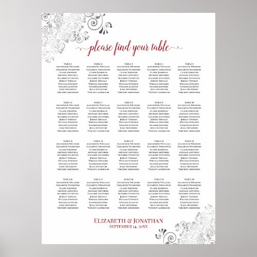 20 Table Frilly Wedding Seating Chart White  Red