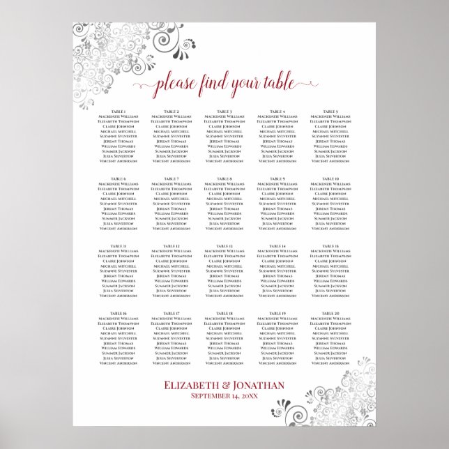 20 Table Frilly Wedding Seating Chart White & Red (Front)