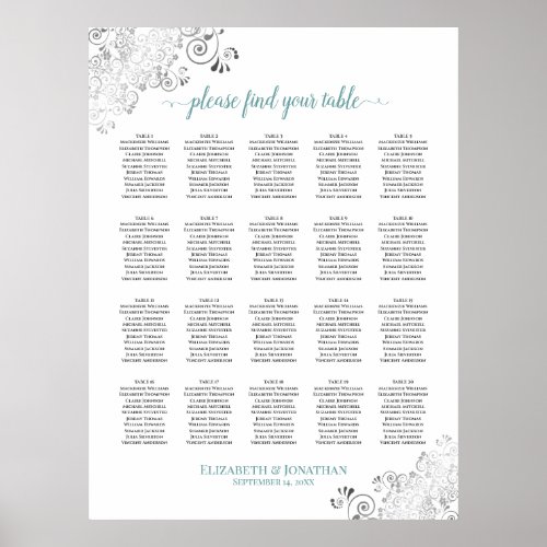 20 Table Frilly Wedding Seating Chart White  Teal