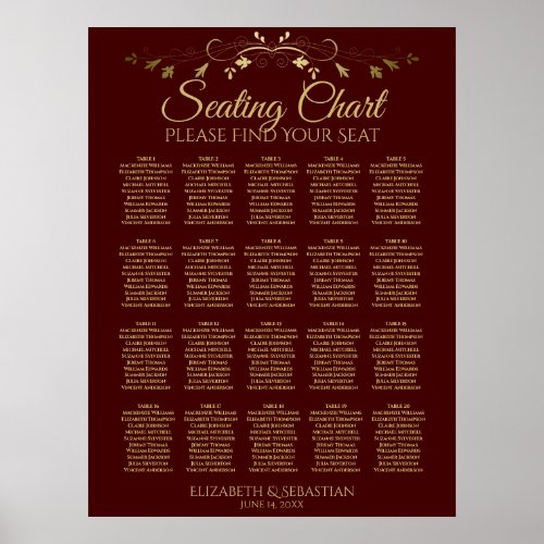 20 Table Gold  Auburn Brown Wedding Seating Chart