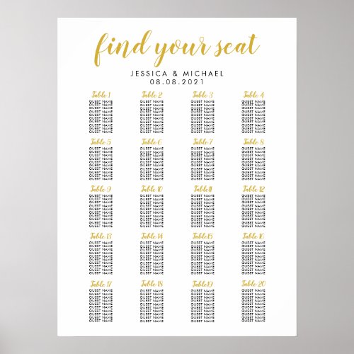 20 Table Gold Color Wedding Guest Seating Chart