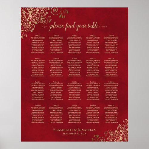 20 Table Gold Frills on Red Wedding Seating Chart