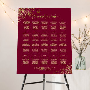 20 Table Gold frills Seating Chart Burgundy Maroon Foam Board